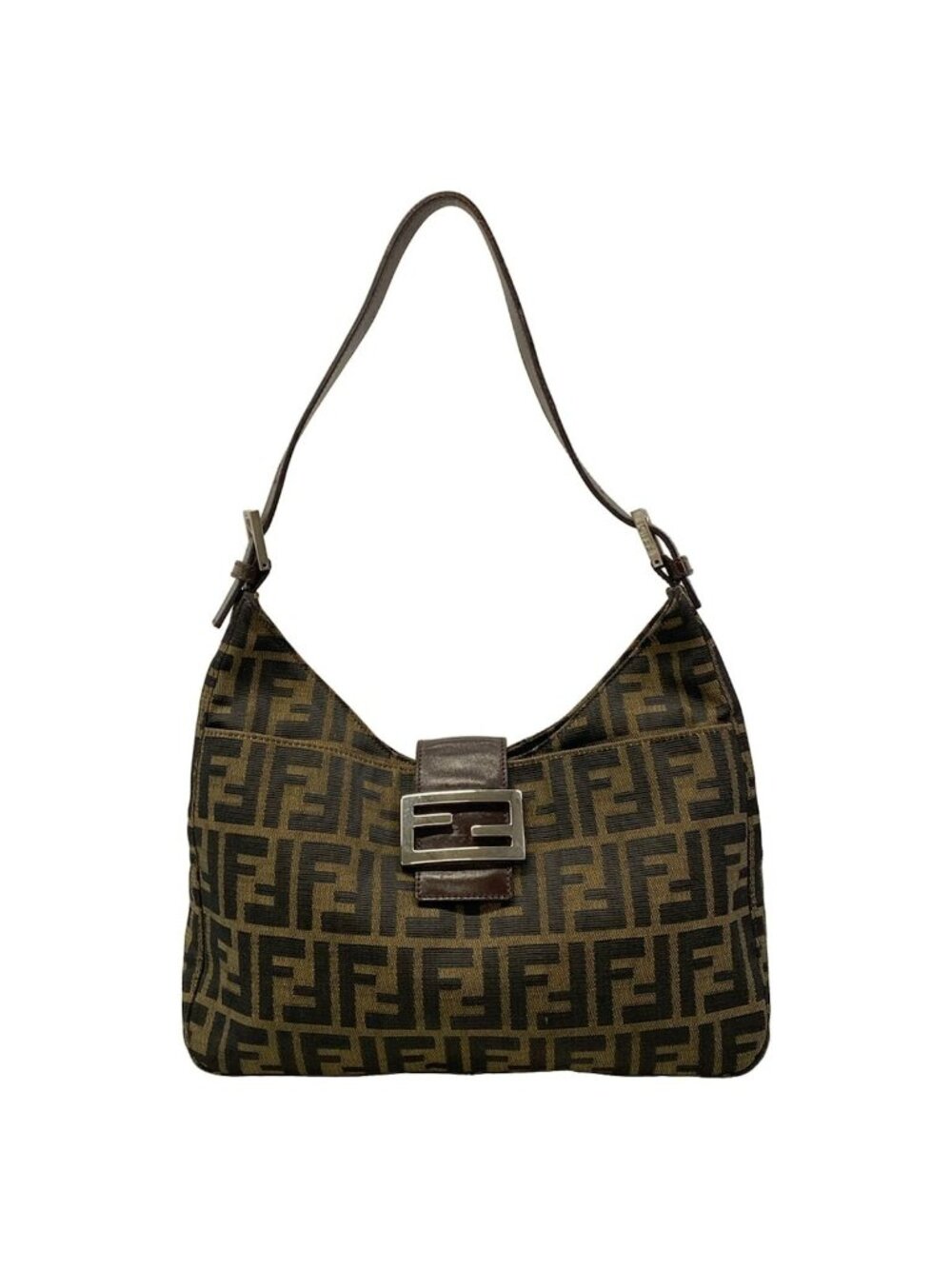 Fendi Shoulder Bag Zucca Pattern Brown Black Leather